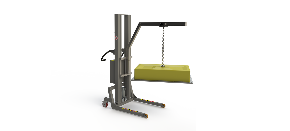 Custom designed crane lifter with a boom arm and rail system for lifting objects like heavy plates, here a machine cover. 2Lift ApS.