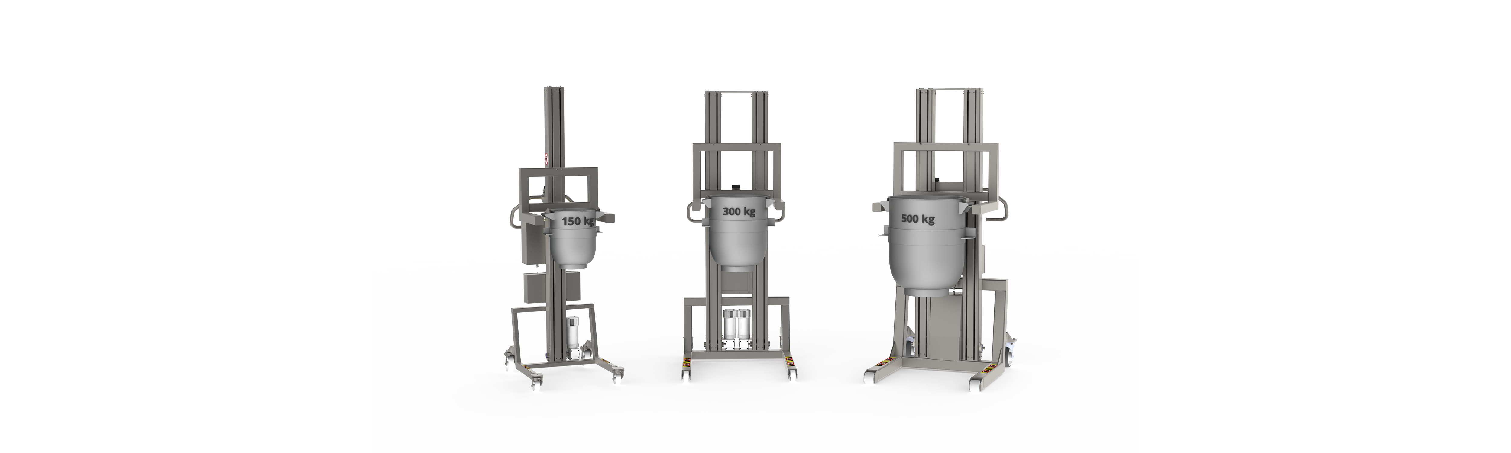 Hygienic vertical lift equipment that can handle up to 150 kg, 300 kg and 500 kg (including lifting tool). Image of three battery driven lifters holding vessels for food production.