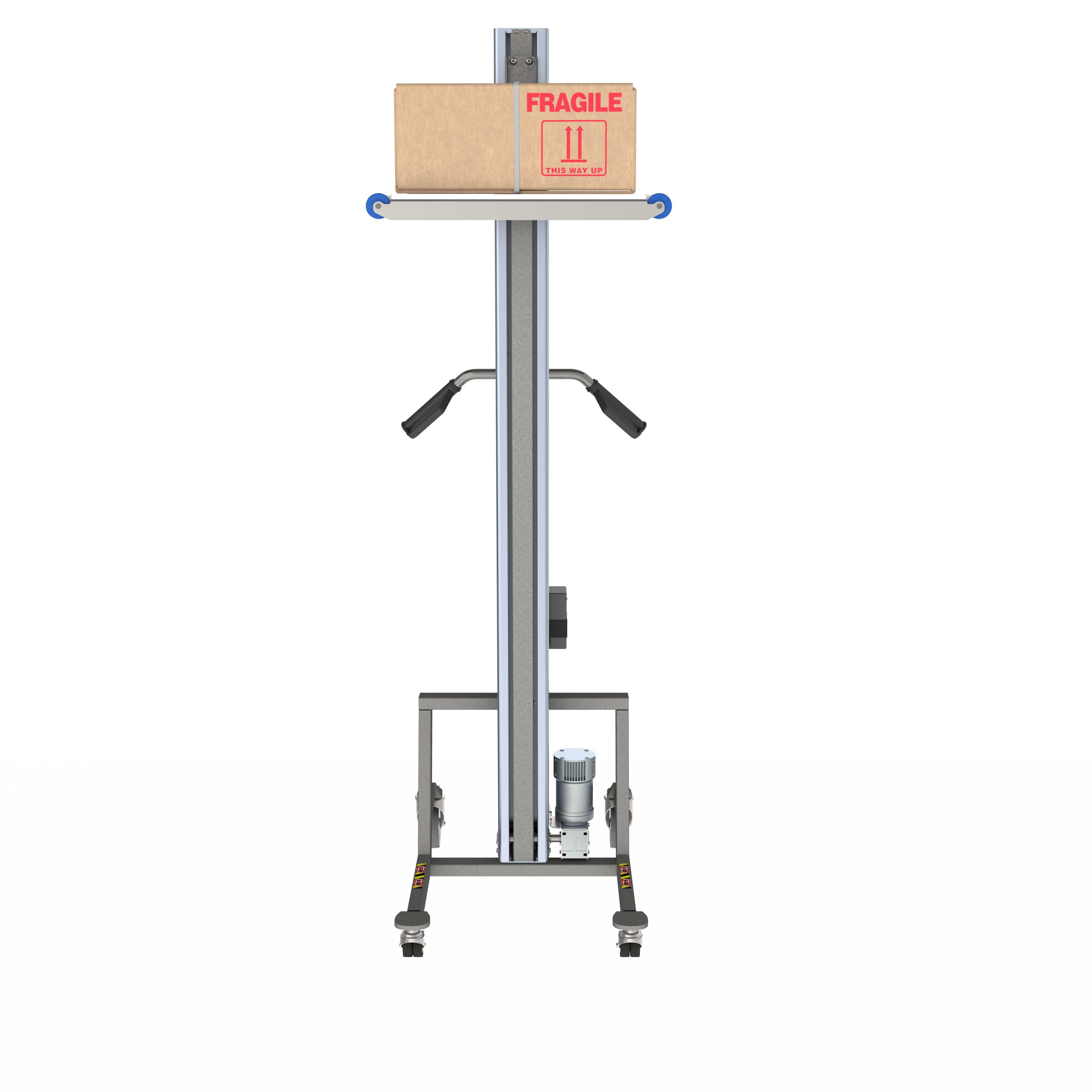 Electric lightweight lifter in aluminium with plastic platform for lifting boxes up to 80 kg.