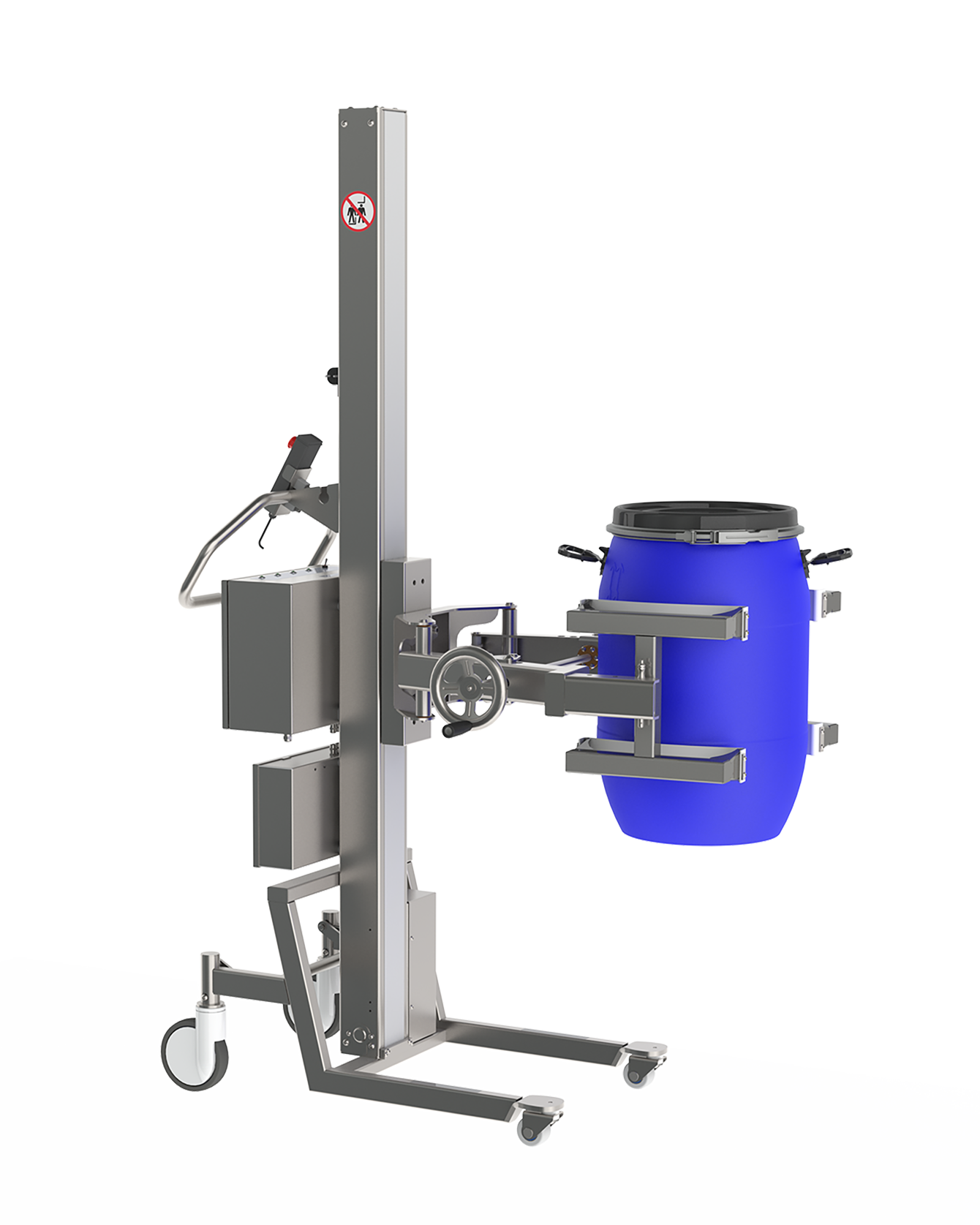 Manuel klemme med spindel, der holder en blå plasttønde på en 150 kg minilift – ideel til renrum.