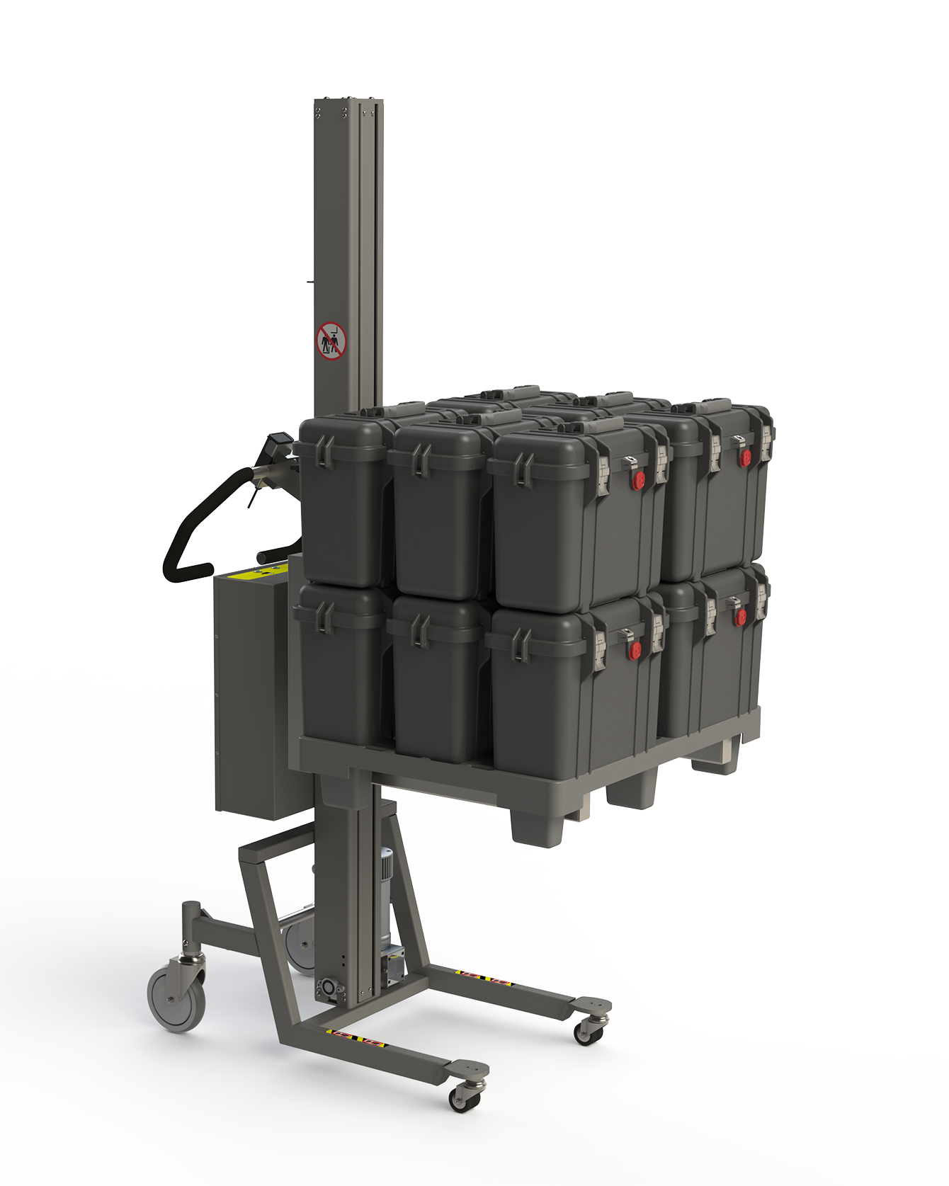 Denne lette el gaffelstabler er i stand til at løfte laster såsom paller med læs op til 130 kg. På billedet ses en plastikpalle med kasser. 2Lift.