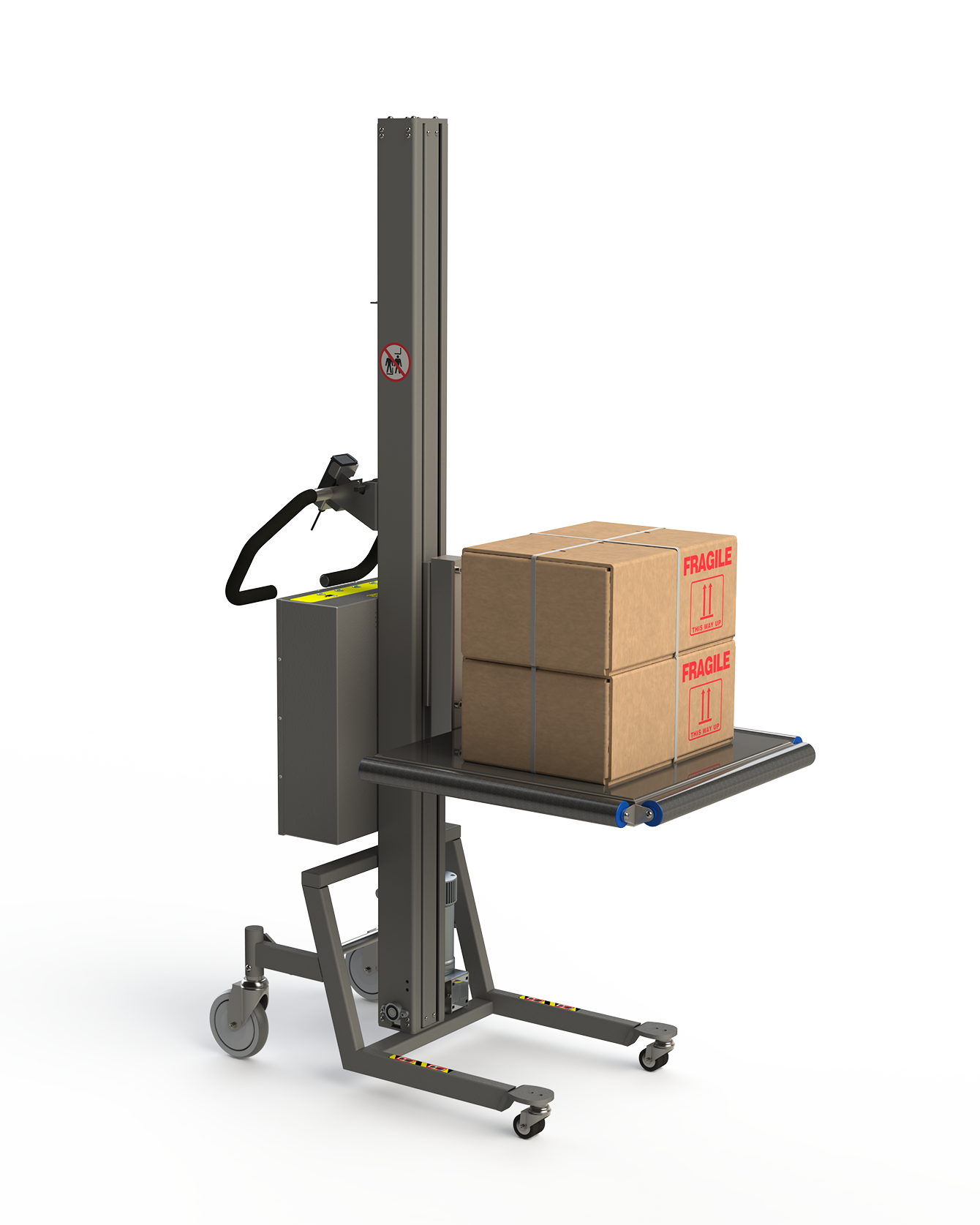 Industriel platformlift udstyret med ruller til kassehåndtering af fx papkasser.