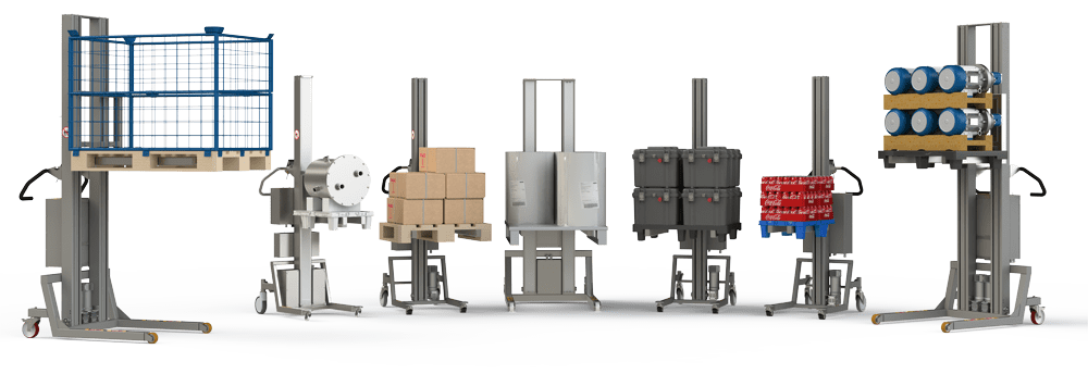 Eksempler på fleksibelt pallestabler udstyr i stål og rustfrit stål. 2Lift.