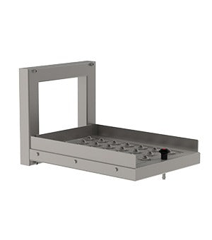 Platformen med ruller (RP) er en løfteløsning, som gør det muligt at repositionere lasten på platformen. Platformen passer til alle vores modulopbyggede løfteanordninger. Set forfra, billede 1.