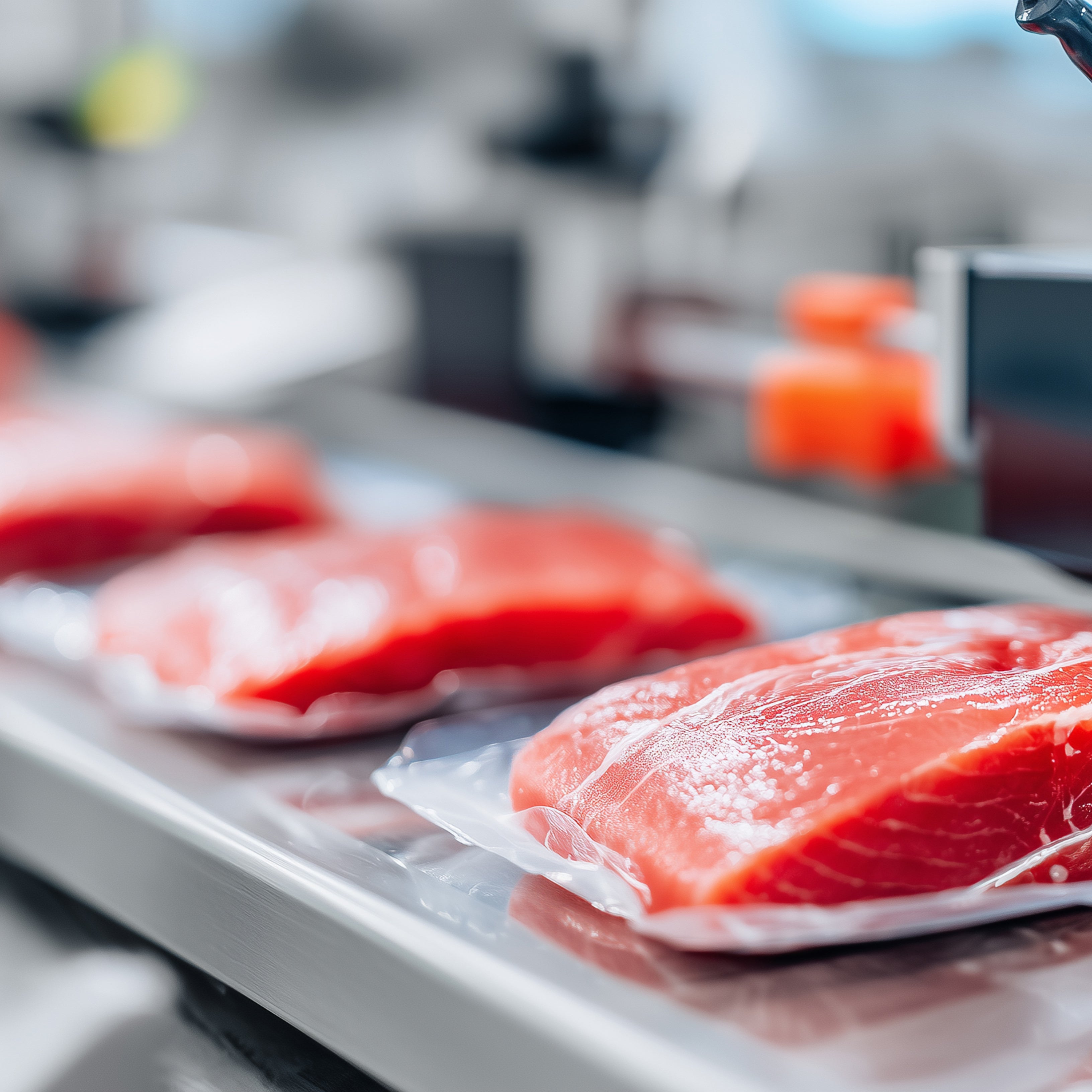 Rå fiskefileter placeret på en metalbakke med et uskarpt køkkenmiljø i baggrunden.
