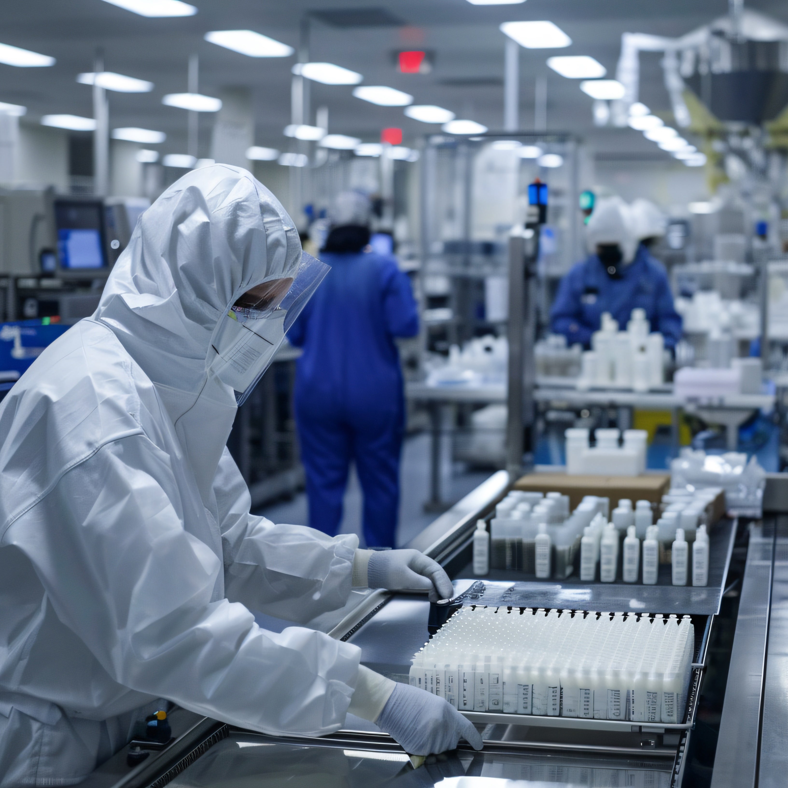 Person i et sterilt laboratoriemiljø iført beskyttelsesudstyr, der arbejder med hvad der ligner en bakke med medicinske produkter.