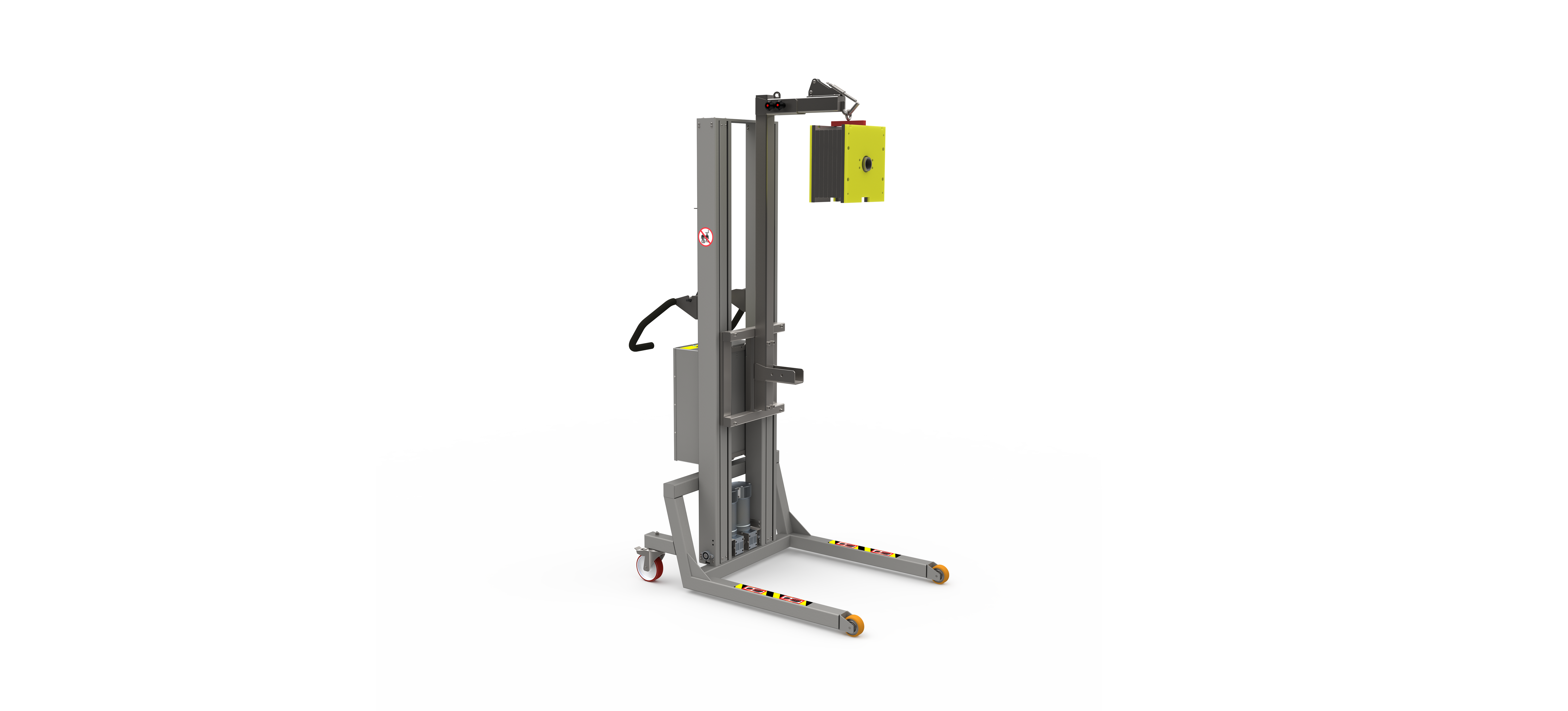 Bespoke crane lift with adjustable boom arm and hooking system for handling machine parts. 2Lift Aps.