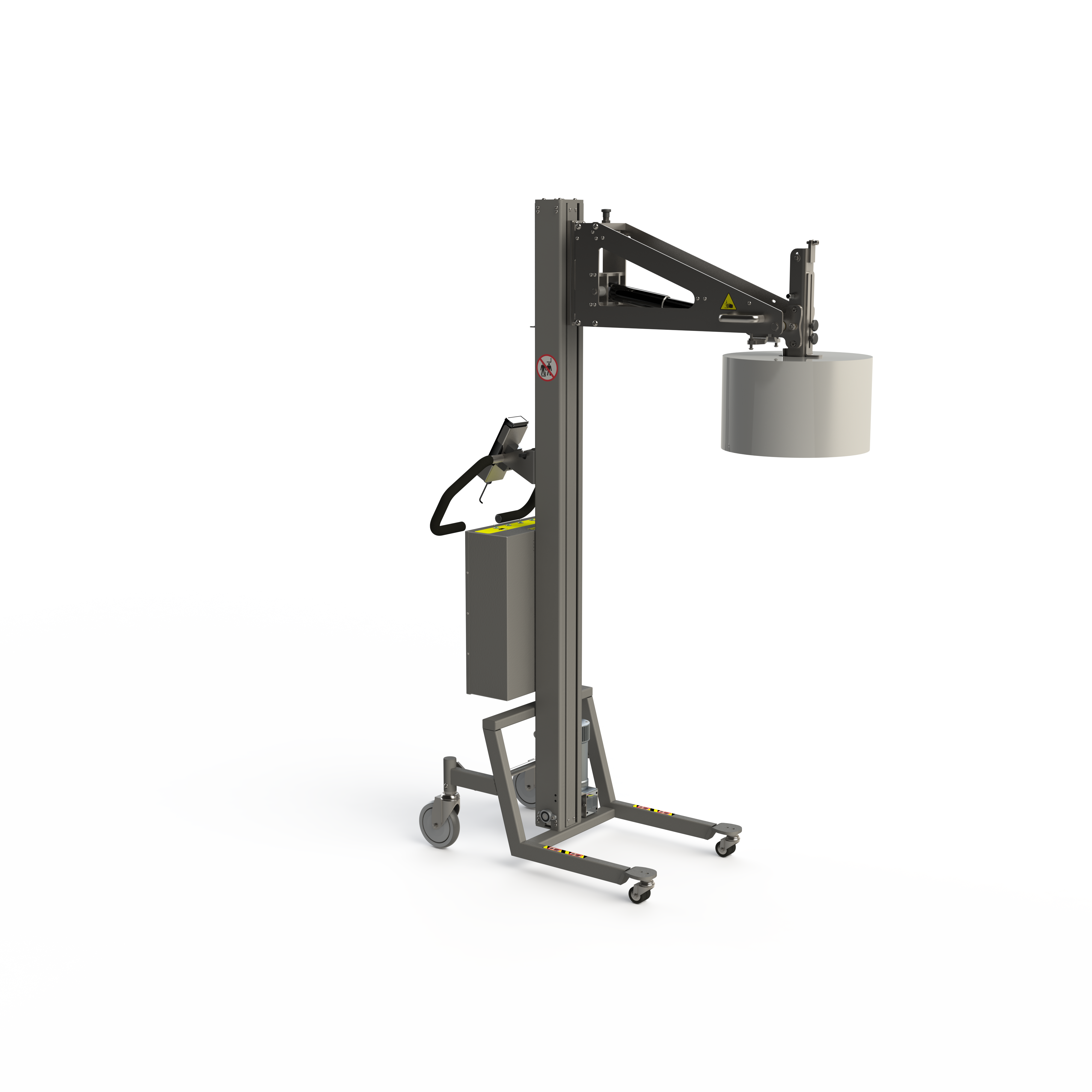 Electric roll lifting equipment for cleanroom use. Features a rotation unit and a scissor clamp for holding the roll.