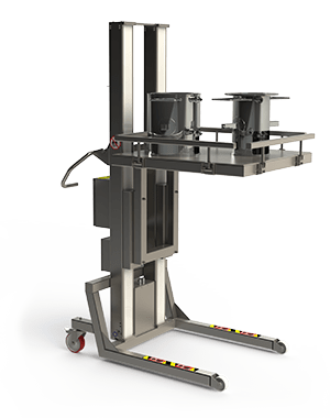 Elektrisk minilift med specialdesignet metalplatform med støttende kant. Til at løfte beholdere i et pharmaceutisk miljø. 2Lift ApS.