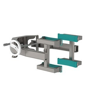Den manuelle klemme med spindel (MCS) er simpelt løftegrej til tønder og ruller. Når det er monteret på vores modulære løftevogne, kan det løfte op til 80 kg. Set forfra, billede 1. 