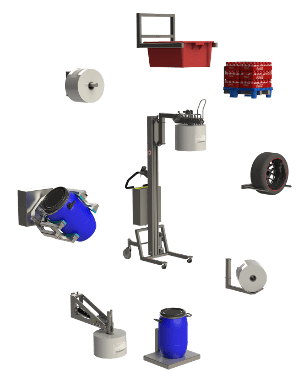 Industrial material handling equipment for lifting and handling rolls, boxes, pallets, and drums.
