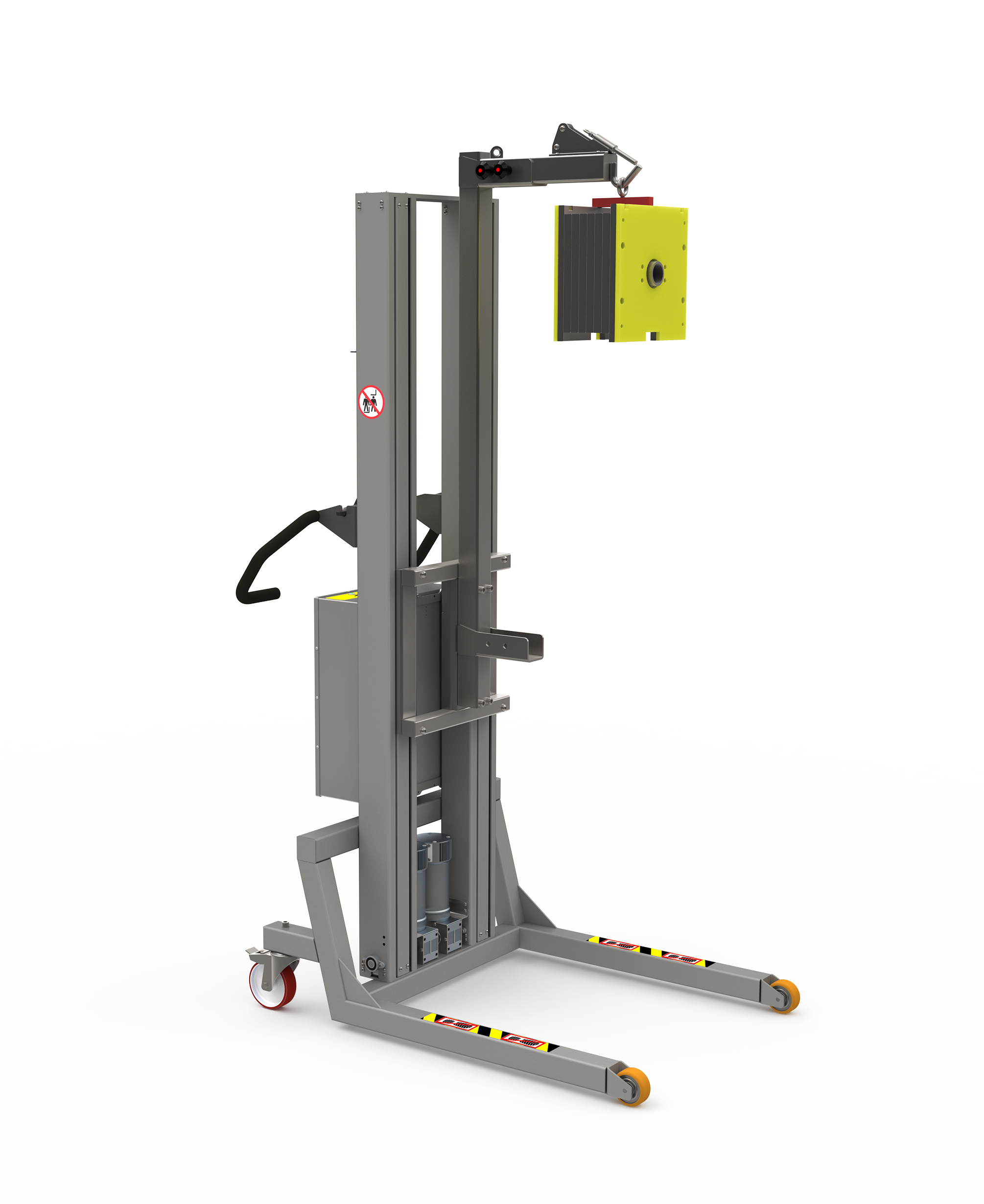 Specialdesignet løftekran med justerbar bomarm og krogsystem til håndtering af maskindele. 2Lift ApS. 