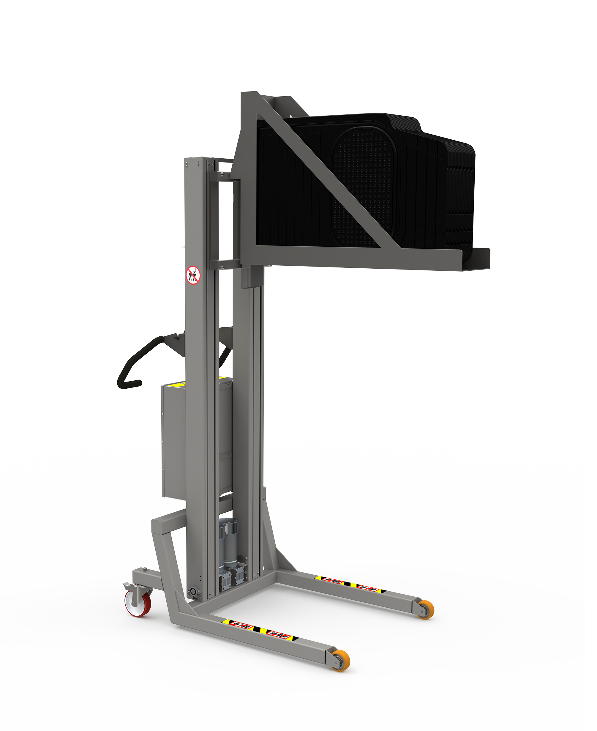 Materialelift med løfteværktøj specielt designet til at håndtere kassetter. En OEM lagerløsning. 2Lift ApS.
