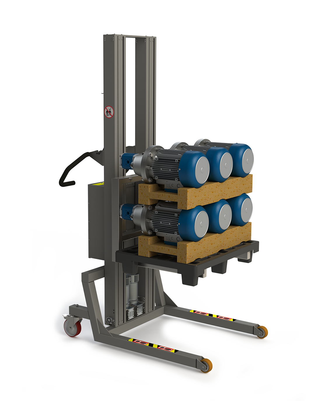 Tilpasningsdygtig gaffelstabler. Halv paller med motorer. 2Lift.