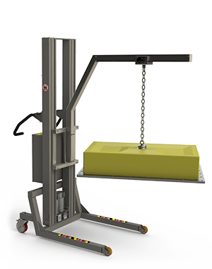 Specialdesignet minikran med bomarm og skinnesystem til løft af et maskindæksel. 2Lift ApS.