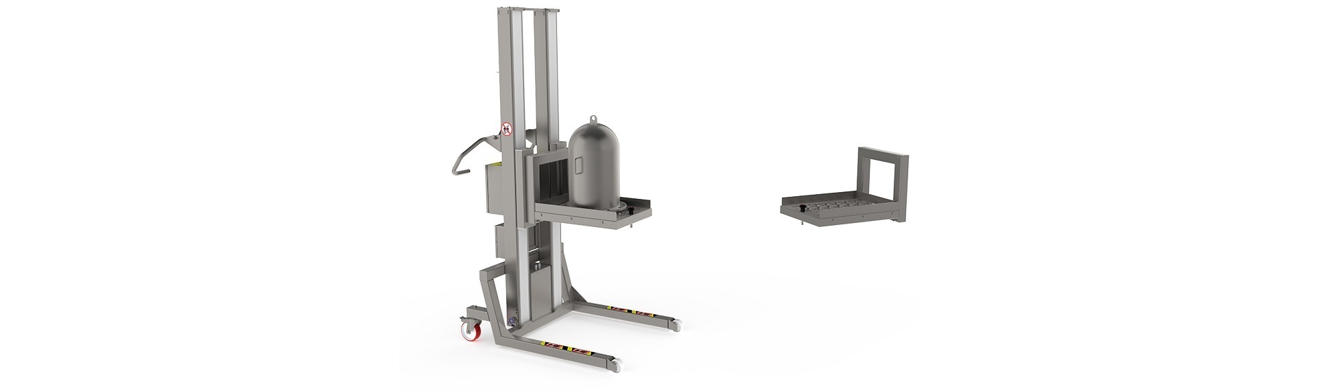 Platformen med ruller (RP) på en ramme gør det nemt at repositionere lasten på platformen. Billede af en GMP-optimeret løfteløsning udstyret med platformen, som holder en metalbeholder.