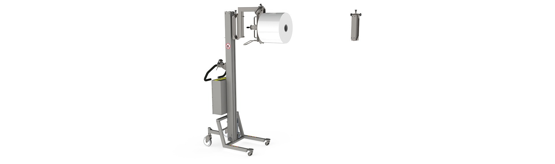 Fleksible løfteløsninger: Svingenheden (SU) kombineres often med en kranarm eller rullemanipulator. Billede: Løftevogn der svinger en rulle på en rullemanipulator.